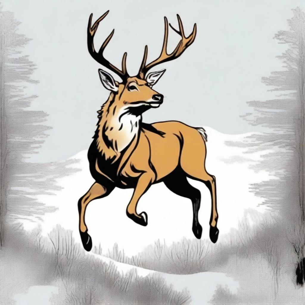 A high-quality, colored manga-style digital art image showcasing a majestic, full-bodied deer with a large, imposing antler, leaping in mid-air