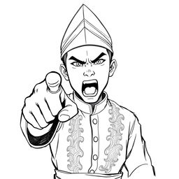 A black and white sketch illustration of a young man wearing a traditional Malay outfit, featuring a pointed conical headband