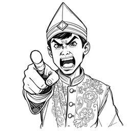 A black and white sketch illustration of a young man wearing a traditional Malay outfit, featuring a pointed conical headband