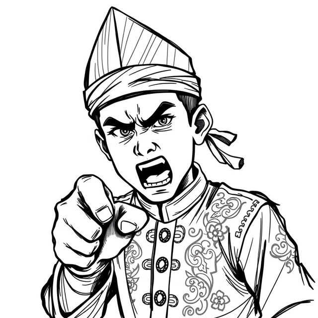 A black and white sketch illustration of a young man wearing a traditional Malay outfit, featuring a pointed conical headband