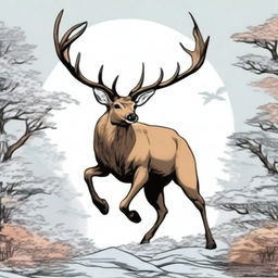 A high-quality, colored manga-style digital art image showcasing a majestic, full-bodied deer with a large, imposing antler, leaping in mid-air