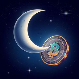 A beautiful illustration of a crescent moon floating gracefully in a night sky alongside a shiny cryptocurrency coin