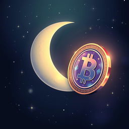 A beautiful illustration of a crescent moon floating gracefully in a night sky alongside a shiny cryptocurrency coin
