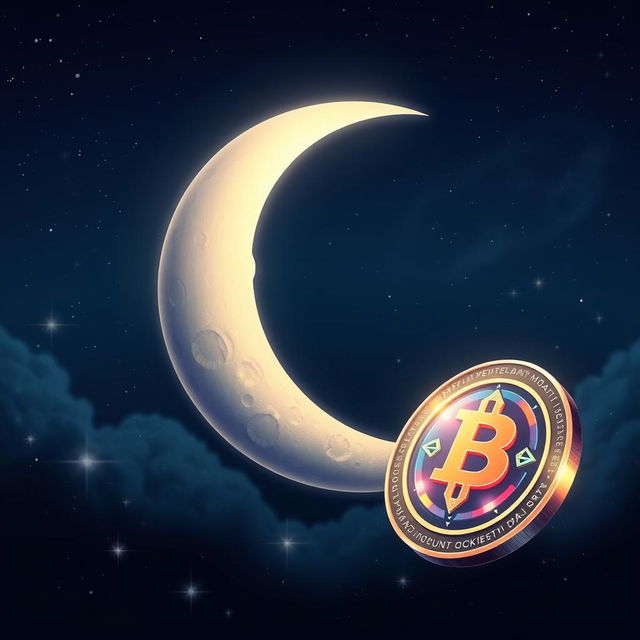 A beautiful illustration of a crescent moon floating gracefully in a night sky alongside a shiny cryptocurrency coin