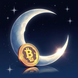 A beautiful illustration of a crescent moon floating gracefully in a night sky alongside a shiny cryptocurrency coin