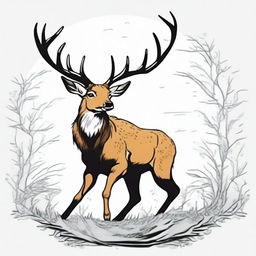 A high-quality, colored manga-style digital art image showcasing a majestic, full-bodied deer with a large, imposing antler, leaping in mid-air