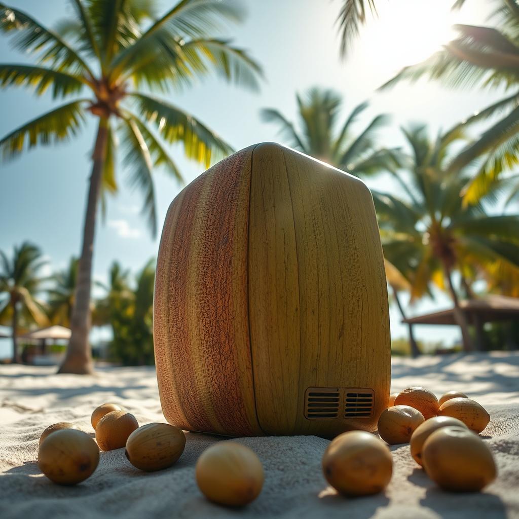 A portable refrigerator designed to resemble a coconut's mesocarp, showcasing a realistic and artistic interpretation of the coconut's fibrous husk texture