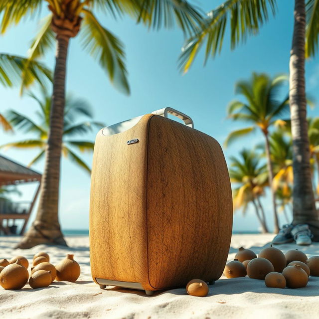 A portable refrigerator designed to resemble a coconut's mesocarp, showcasing a realistic and artistic interpretation of the coconut's fibrous husk texture