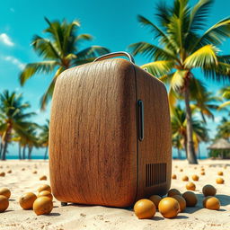 A portable refrigerator designed to resemble a coconut's mesocarp, showcasing a realistic and artistic interpretation of the coconut's fibrous husk texture