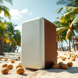 A portable refrigerator designed to resemble a coconut's mesocarp, showcasing a realistic and artistic interpretation of the coconut's fibrous husk texture