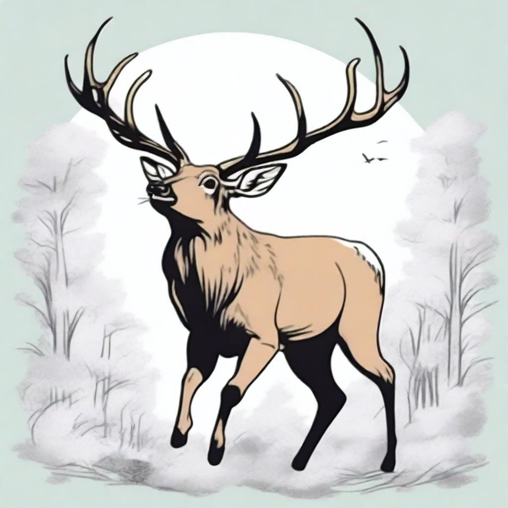 A high-quality, colored manga-style digital art image showcasing a majestic, full-bodied deer with a large, imposing antler, leaping in mid-air