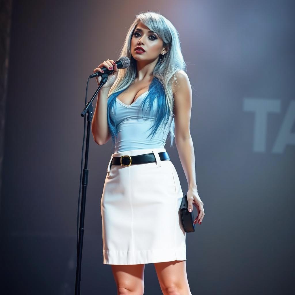 A full-length image of a stylish woman on stage, wearing a short white mini skirt with a trendy belt