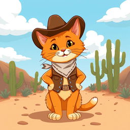 A charming illustration of an orange cat dressed as a cowboy