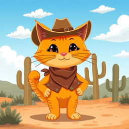 A charming illustration of an orange cat dressed as a cowboy