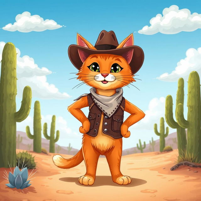 A charming illustration of an orange cat dressed as a cowboy