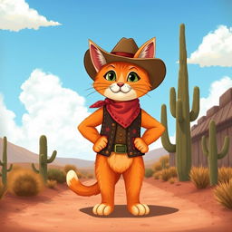 A charming illustration of an orange cat dressed as a cowboy