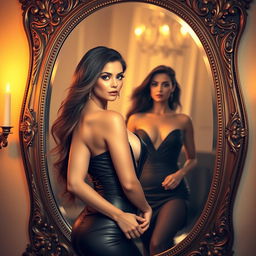 A stunning artistic representation of a woman standing before a large ornate mirror, the reflection revealing her striking features and confidence