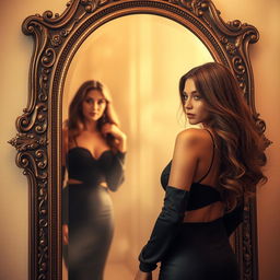 A stunning artistic representation of a woman standing before a large ornate mirror, the reflection revealing her striking features and confidence