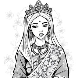 An illustration depicting a black and white sketch of a Malay princess with a regal appearance, adorned in traditional royal attire, showcasing intricate patterns and elegant elements