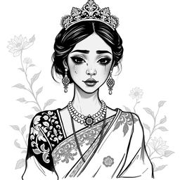 An illustration depicting a black and white sketch of a Malay princess with a regal appearance, adorned in traditional royal attire, showcasing intricate patterns and elegant elements