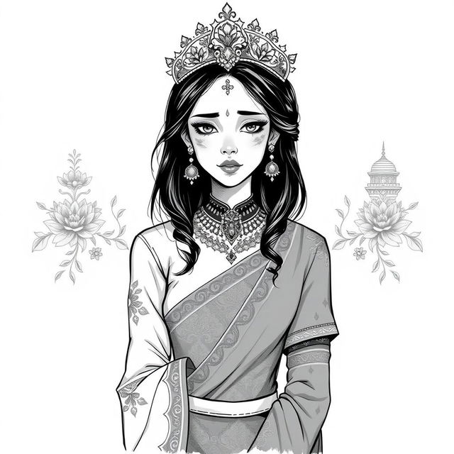 An illustration depicting a black and white sketch of a Malay princess with a regal appearance, adorned in traditional royal attire, showcasing intricate patterns and elegant elements