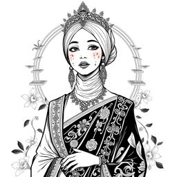An illustration depicting a black and white sketch of a Malay princess with a regal appearance, adorned in traditional royal attire, showcasing intricate patterns and elegant elements