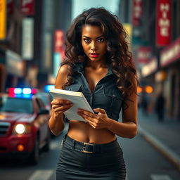 A sexy dark-skinned police girl positioned in front of the viewer, wearing a short police top with a big neckline that accentuates her curves