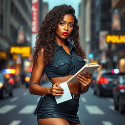 A sexy dark-skinned police girl positioned in front of the viewer, wearing a short police top with a big neckline that accentuates her curves