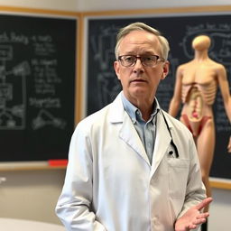 A doctor in a clinical setting explaining in detail about the male reproductive system, focusing on the anatomy and function of the male genitalia