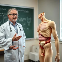 A doctor in a clinical setting explaining in detail about the male reproductive system, focusing on the anatomy and function of the male genitalia