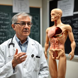 A doctor in a clinical setting explaining in detail about the male reproductive system, focusing on the anatomy and function of the male genitalia