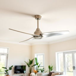 A sleek modern ceiling fan with a minimalist design, featuring three elegantly curved blades in a polished chrome finish