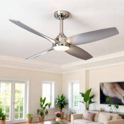 A sleek modern ceiling fan with a minimalist design, featuring three elegantly curved blades in a polished chrome finish