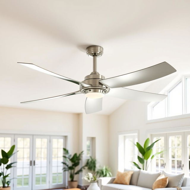 A sleek modern ceiling fan with a minimalist design, featuring three elegantly curved blades in a polished chrome finish