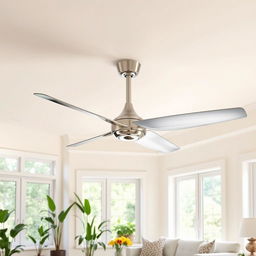 A sleek modern ceiling fan with a minimalist design, featuring three elegantly curved blades in a polished chrome finish