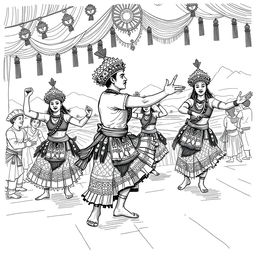 A detailed black and white sketch illustration of the traditional dance Pattu'du from Sulawesi, capturing the intricate movements and expressions of the dancers