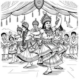 A detailed black and white sketch illustration of the traditional dance Pattu'du from Sulawesi, capturing the intricate movements and expressions of the dancers