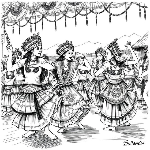 A detailed black and white sketch illustration of the traditional dance Pattu'du from Sulawesi, capturing the intricate movements and expressions of the dancers