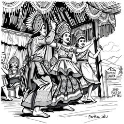A detailed black and white sketch illustration of the traditional dance Pattu'du from Sulawesi, capturing the intricate movements and expressions of the dancers