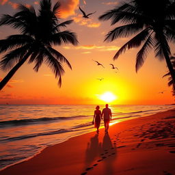 A stunning golden sunset over a tranquil beach, with vibrant orange and pink hues reflecting on the shimmering water