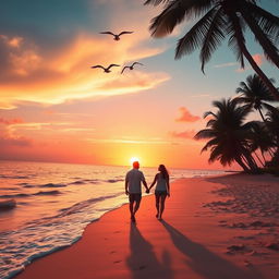 A stunning golden sunset over a tranquil beach, with vibrant orange and pink hues reflecting on the shimmering water