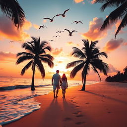 A stunning golden sunset over a tranquil beach, with vibrant orange and pink hues reflecting on the shimmering water