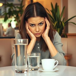 A woman sitting at a cafe table, looking resolutely at a glass of water placed in front of her, her body language indicating a firm 'no'