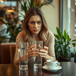 A woman sitting at a cafe table, looking resolutely at a glass of water placed in front of her, her body language indicating a firm 'no'