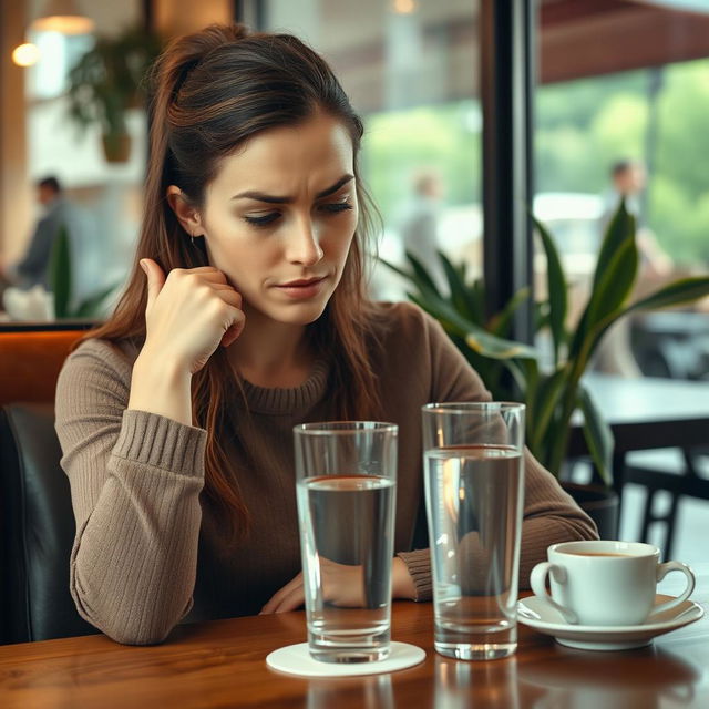 A woman sitting at a cafe table, looking resolutely at a glass of water placed in front of her, her body language indicating a firm 'no'