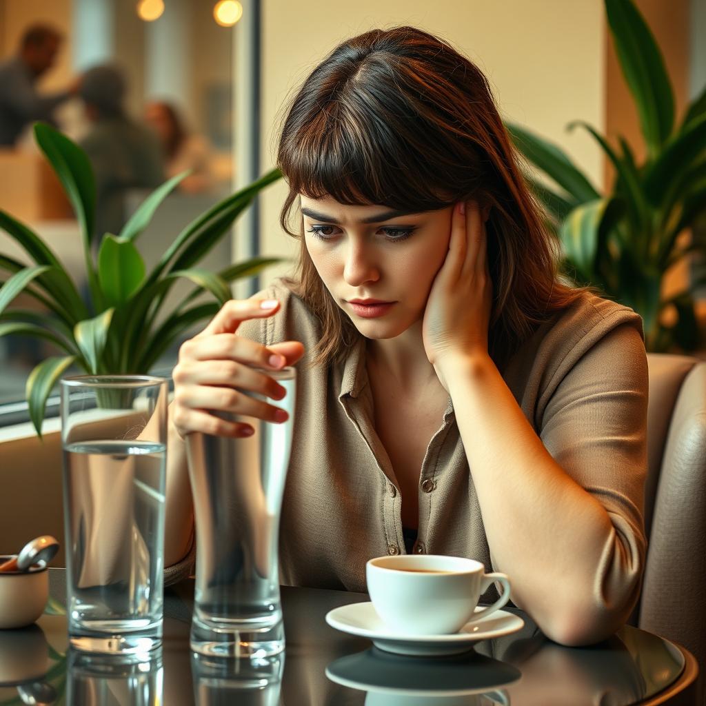 A woman sitting at a cafe table, looking resolutely at a glass of water placed in front of her, her body language indicating a firm 'no'