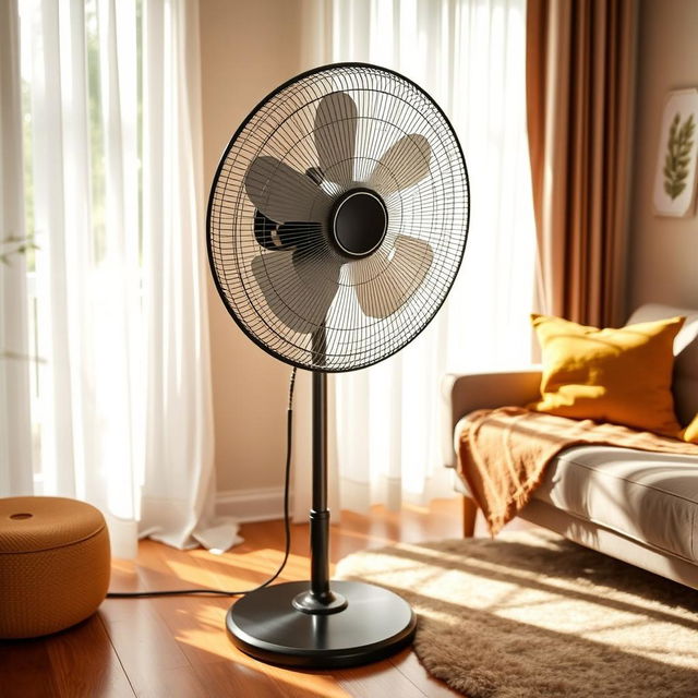 A standing floor fan with a sleek and modern design, featuring a powerful motor and an adjustable height