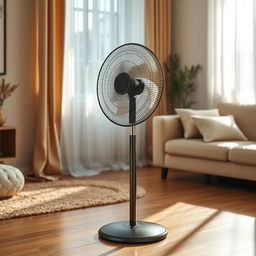 A standing floor fan with a sleek and modern design, featuring a powerful motor and an adjustable height