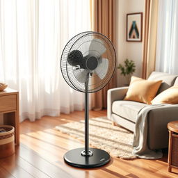 A standing floor fan with a sleek and modern design, featuring a powerful motor and an adjustable height