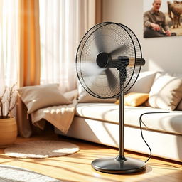 A standing floor fan with a sleek and modern design, featuring a powerful motor and an adjustable height